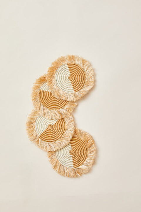 Akeza Fringe Coasters in White - Set of 4 Indego Africa