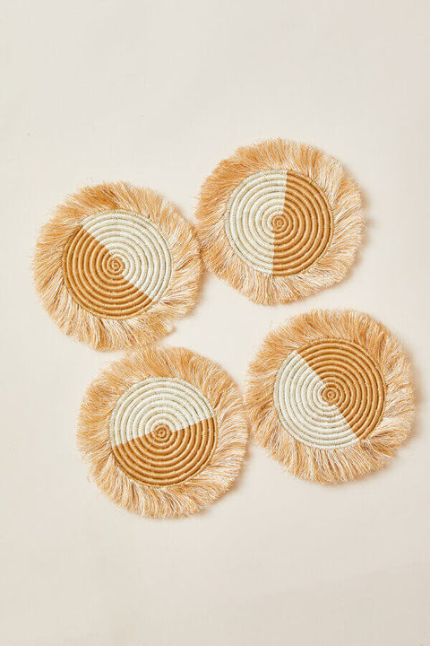 Akeza Fringe Coasters in White - Set of 4 Indego Africa