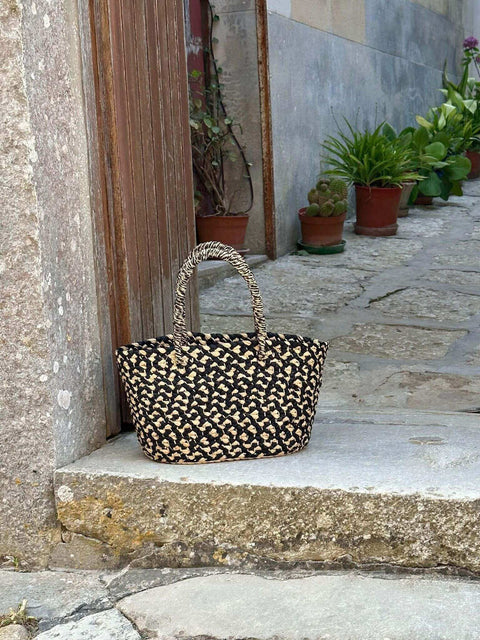 Braided Raffia Tote Black and Natural