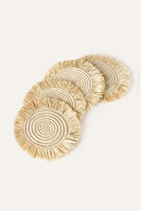 Natural Raffia Fringe Set of 4 Coasters